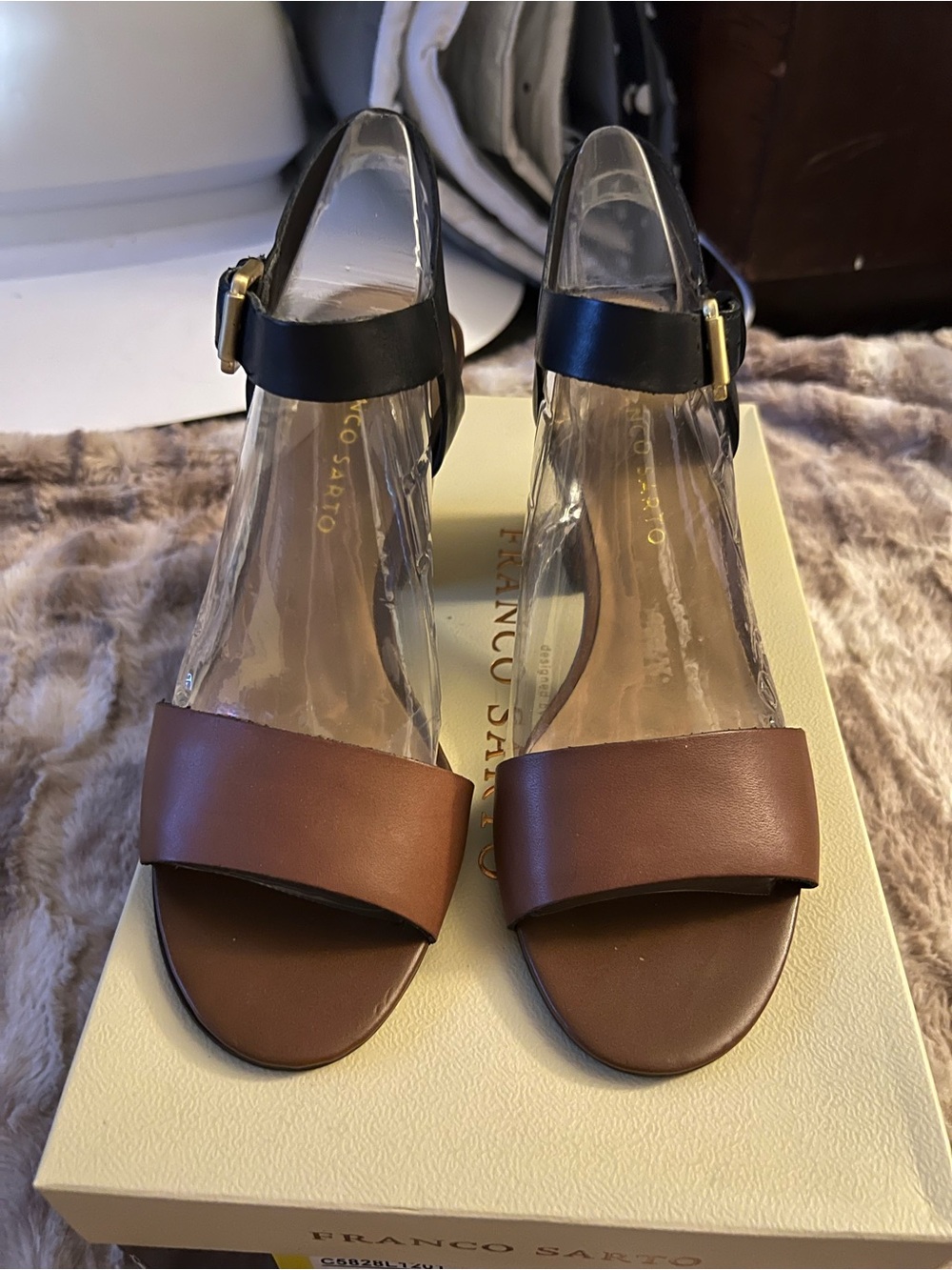 Franco Sarto Women's Brown/Black Strappy Ankle Strap Buckle Sandals Solid 7.5 M